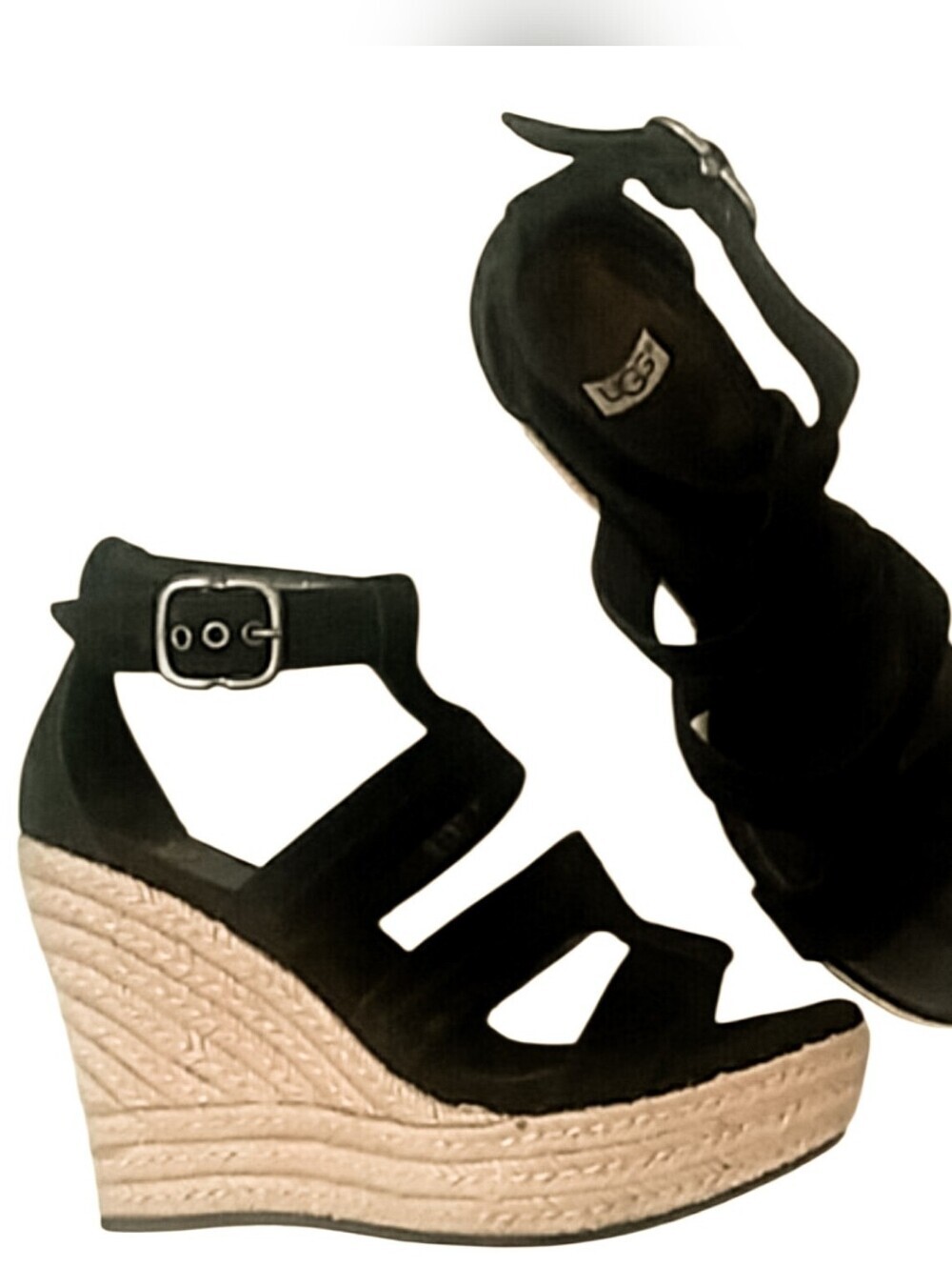 UGG Lauri wedges sandals black suede  espadrille platform wedge Size.8 5